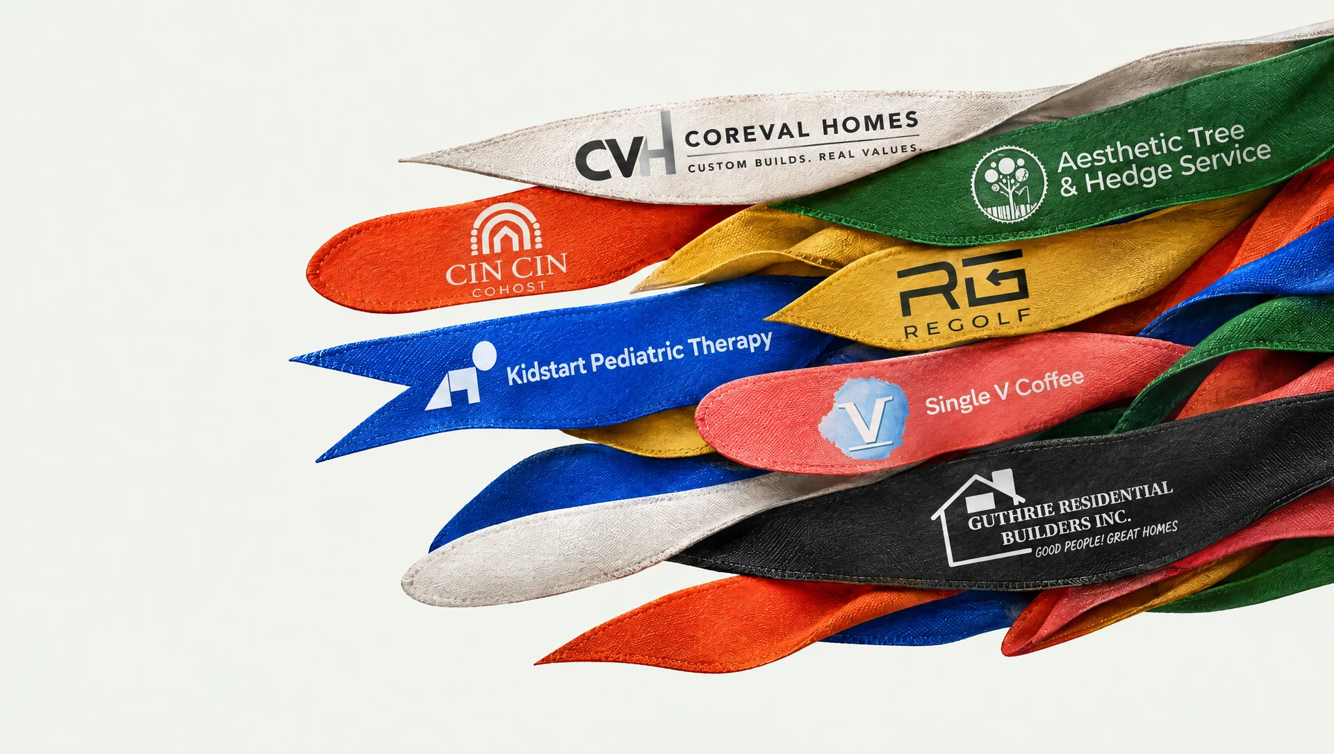 A flowing collection of colourful fabric pennants bearing our client brands.