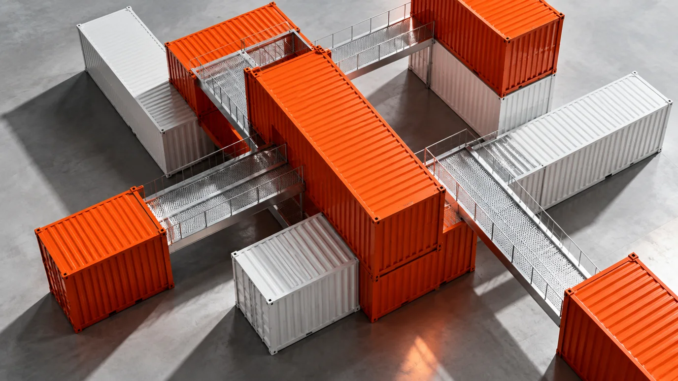 Concept artwork of orange and white container forms connected by silver walkways.
