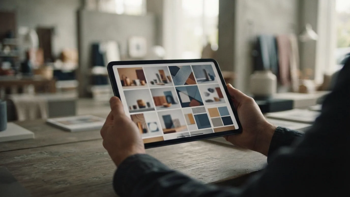Illustrative tablet browsing product materials in a showroom, not a client system screenshot.