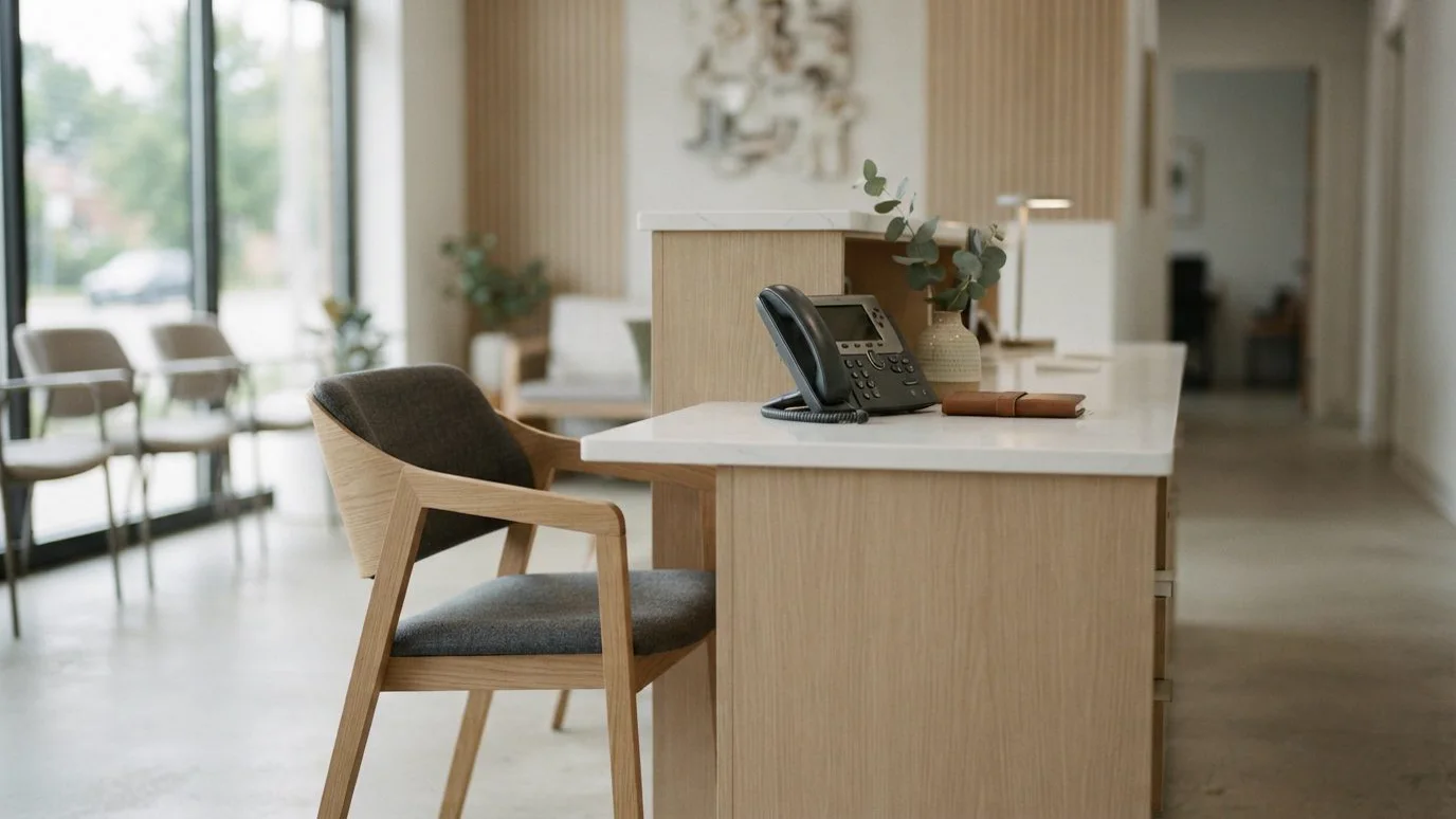 Illustrative bright reception with a desk phone and an empty waiting area.