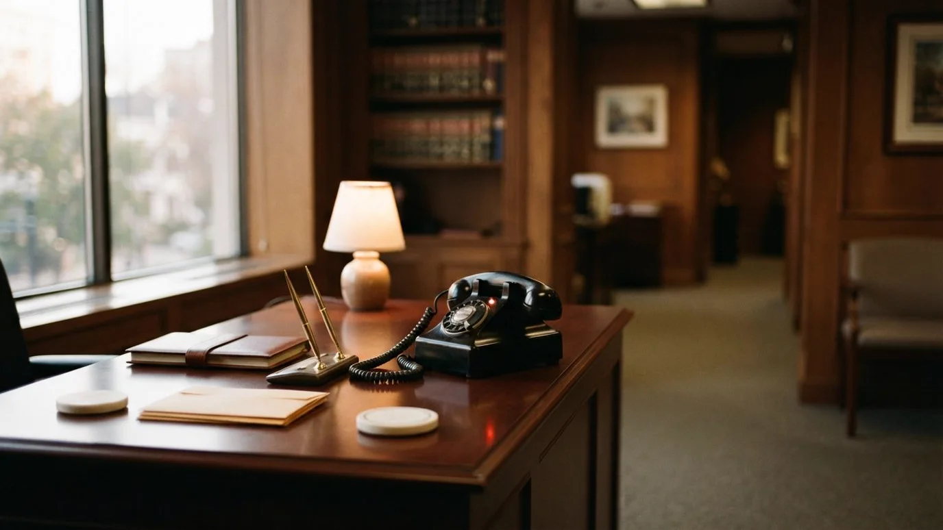 Illustrative law office with a black telephone beside a notebook.